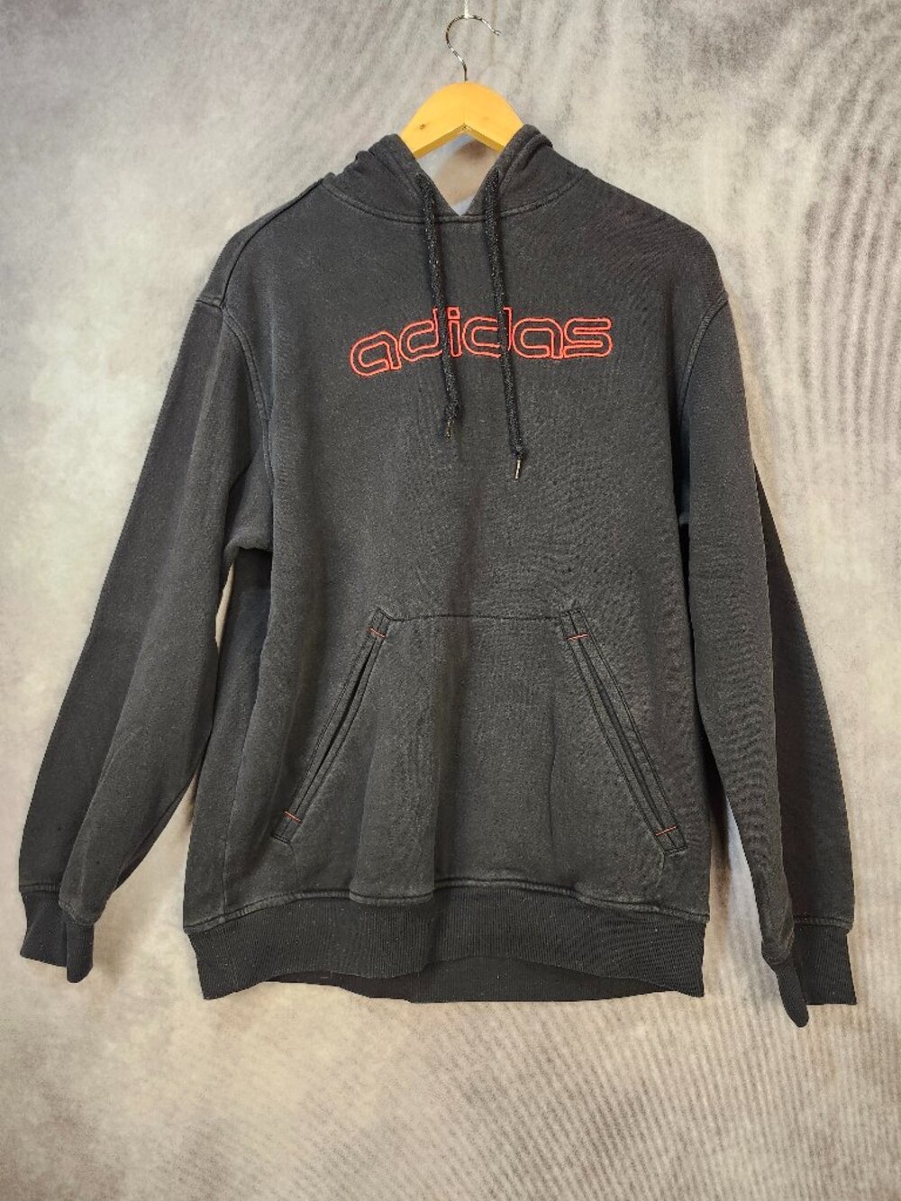 Vintage Adidas Black Hoodie Red Embroidered Outline Spell Out Logo Y2K Size M